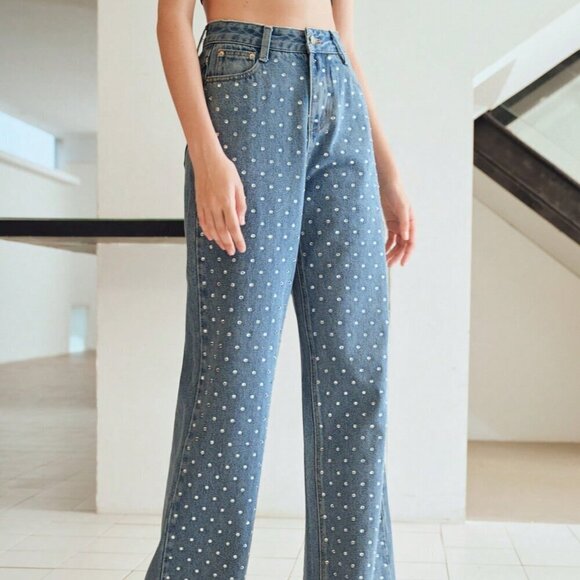 Blue Women's Rhinestone Detail Wide Leg Jeans - Picture 6 of 7